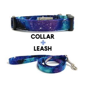 Blue and Purple Space Galaxy Milky Way Dog Collar and Dog Leash Set, Matching Dog Collar and Leash Set, Adjustable Fabric Dog Collar