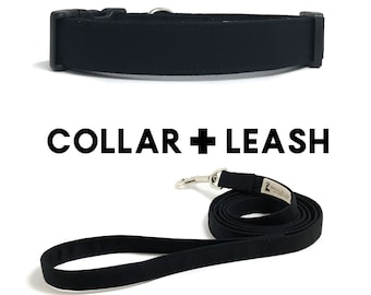 Solid Black Kona Cotton Dog Collar and Leash Set, Formal Dog Collar and Leash Set, Classic Dog Collar and Leash, Wedding Dog Collar