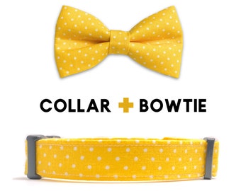 Sunny Yellow and White Polka Dot Bow Tie Dog Collar, Gold and White Swiss Dot Dog Collar Bow Tie Set, Wedding Dog Collar for Girl or Boy Dog