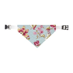 Light Blue with White Polka Dots and Pink Flowers Over the Collar Dog Bandana - Slide on Dog Bandana - Slip on Dog Bandana - Floral Bandana