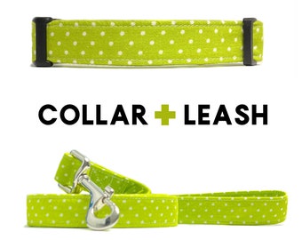 Green and White Polka Dot Dog Collar with Matching Leash Set, Wedding Dog Collar and Leash, Pretty Dog Collar and Leash, Pet Collar