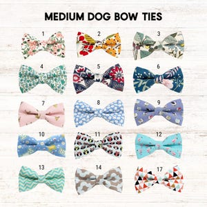 May include: A collection of medium-sized dog bow ties in various patterns and colors. The bow ties include floral, geometric, and animal prints. The text "MEDIUM DOG BOW TIES" is at the top of the image.