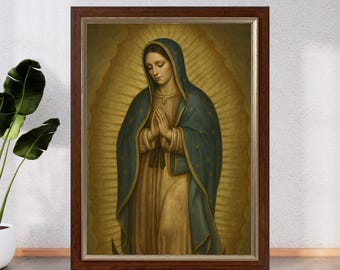 May include: A framed print of Our Lady of Guadalupe. The artwork depicts a woman in a teal cloak and gold-colored dress, with hands clasped in prayer. The background features a golden glow, and the frame is a dark brown color.