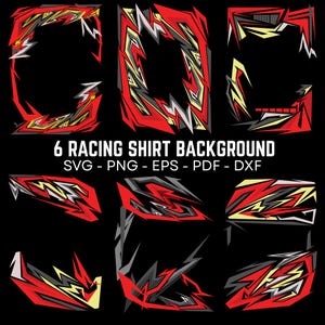 May include: Six racing shirt background designs in red, yellow, grey, and white abstract patterns on a black backdrop. The image includes the text "6 RACING SHIRT BACKGROUND" and file type options.
