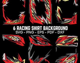May include: Six racing shirt background designs in red, yellow, grey, and white abstract patterns on a black backdrop. The image includes the text "6 RACING SHIRT BACKGROUND" and file type options.