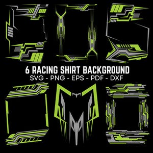 以下が含まれることがあります： デジタルアートスタイルのレーシングシャツの背景デザイン6種類。デザインは、黒い背景にグレーとネオングリーンの幾何学的な形状が特徴です。下部のテキストは「6 RACING SHIRT BACKGROUND」とファイルタイプの略語です。