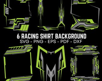 May include: Six racing shirt background designs in a digital art style. The designs feature geometric shapes in shades of grey and neon green on a black background. Text at the bottom reads "6 RACING SHIRT BACKGROUND" and file type abbreviations.