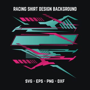 Puede incluir: Fondo abstracto de diseño de camiseta de carreras con formas geométricas rosas y turquesa. El texto "SVG - EPS - PNG - DXF" está en la parte inferior del diseño.