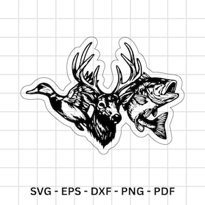 May include: Black and white graphic of a duck, deer, and fish. The deer is centered with large antlers. The duck is on the left, and the fish is on the right. The image includes the text: SVG - EPS - DXF - PNG - PDF.