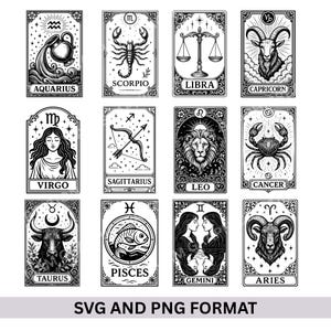 12 Sternzeichen Kartenstil, Sternzeichen PNG SVG, Sternzeichen Astrologie Vintage-Stil, Sternzeichen Tarot Kartendesign, Sternzeichen Bundle Digital