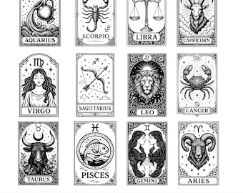 May include: Black and white illustrations of the twelve zodiac signs, each within a decorative frame. The signs include Aquarius, Scorpio, Libra, Capricorn, Virgo, Sagittarius, Leo, Cancer, Taurus, Pisces, Gemini, and Aries. The text "SVG AND PNG FORMAT" is at the bottom.