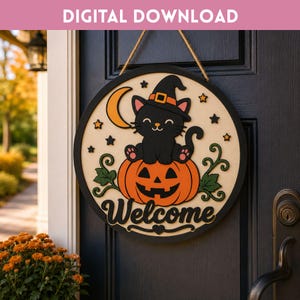May include: A round wooden door sign featuring a black cat wearing a witch hat sitting on an orange jack-o'-lantern. The sign includes a yellow crescent moon, small stars, green vines, and the word Welcome in black script, suspended by a rope.