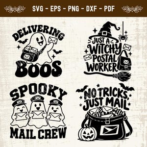 Puede incluir: Un conjunto de cuatro diseños gráficos negros con temas de Halloween. Los diseños incluyen fantasmas con bolsas de correo, un sombrero de bruja, una escoba, sobres, murciélagos y una calabaza. El texto incluye Delivering Boos, Just a Witchy Postal Worker, Spooky Mail Crew y No Tricks, Just Mail.