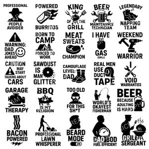 Peut inclure: Ensemble de graphiques noirs et blancs avec du texte, comprenant des phrases comme « King of the Grill », « Weekend Warrior » et « Dad Bod ». Les motifs sont liés aux loisirs, aux grillades et aux blagues de papa.