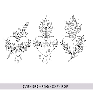 Puede incluir: Ilustraciones en blanco y negro de tres corazones sagrados. Uno est&aacute; atravesado por una daga y rodeado de rosas. Otro est&aacute; coronado de espinas y una cruz. El tercer coraz&oacute;n est&aacute; adornado con hojas.