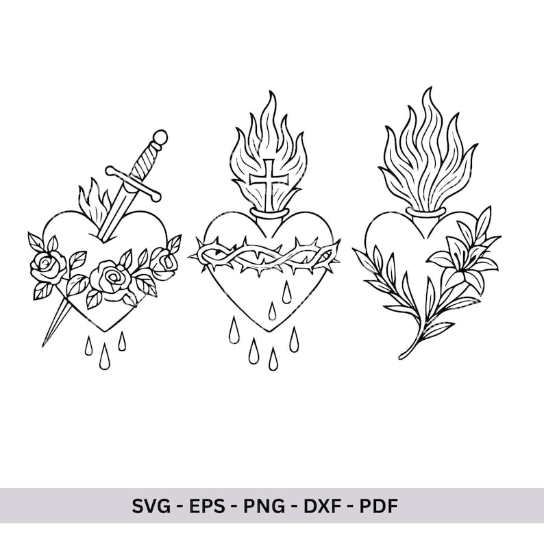 Puede incluir: Ilustraciones en blanco y negro de tres corazones sagrados. Uno est&aacute; atravesado por una daga y rodeado de rosas. Otro est&aacute; coronado de espinas y una cruz. El tercer coraz&oacute;n est&aacute; adornado con hojas.