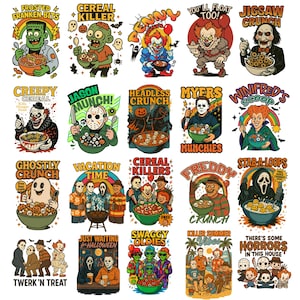 Op de afbeelding: Een verzameling kleurrijke cartoon illustraties met horrorfilmkarakters die van ontbijtgranen genieten. Elke afbeelding heeft een unieke naam zoals "Frosted Franken Bits" en "Jigsaw Crunch". Het thema is Halloween en horror.
