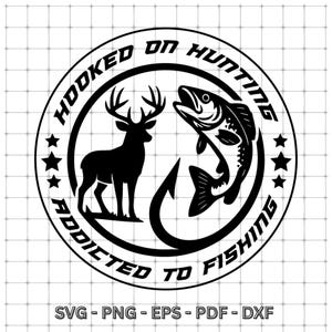 Op de afbeelding: Zwart-wit grafisch ontwerp met een hert en een vis aan een haak in een cirkelvormige lijst. De tekst luidt "Hooked on Hunting" en "Addicted to Fishing". Sterren zijn in het ontwerp opgenomen. Bestandstype-opties staan onderaan.