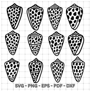 May include: Black and white vector illustration of twelve cone-shaped seashells with dotted patterns. The shells are outlined in black, with varying dot sizes and arrangements. The image includes the text "SVG - PNG - EPS - PDF - DXF" at the bottom.