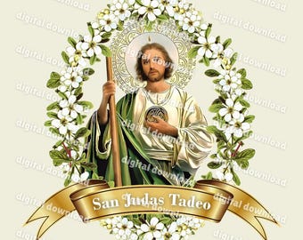 San Judas Tadeo PNG: Marco circular con flores (Descarga digital)