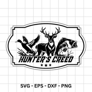Pode incluir: Ilustração a preto e branco com um pato, um veado e um peixe. O texto "HUNTER'S CREED" e três estrelas estão presentes. O design está emoldurado.
