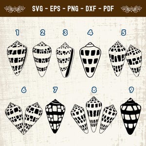 May include: A digital collection of nine black and white cone shell illustrations labeled one through nine. The file formats listed at the top are SVG, EPS, PNG, DXF, and PDF. Each shell features distinct geometric patterns and shapes.
