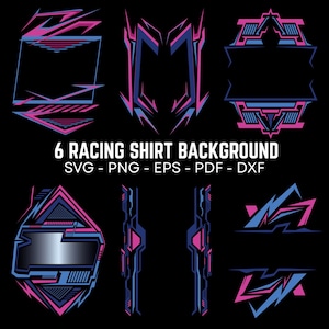Puede incluir: Seis diseños de fondo de camiseta de carreras en formas geométricas azules y rosas sobre un fondo negro. El texto "6 RACING SHIRT BACKGROUND" se muestra encima de las opciones de tipo de archivo: SVG, PNG, EPS, PDF y DXF.