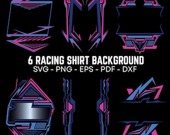 May include: Six racing shirt background designs in blue and pink geometric shapes on a black background. The text "6 RACING SHIRT BACKGROUND" is displayed above the file type options: SVG, PNG, EPS, PDF, and DXF.