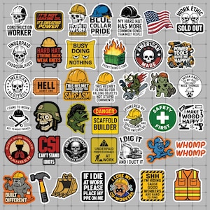 May include: A collection of assorted vinyl stickers featuring construction-themed illustrations, skulls wearing hard hats, tools, and humorous text slogans like 'Blue Collar Pride', 'Safety First', and 'I Make Wood Happy' on a grid background.