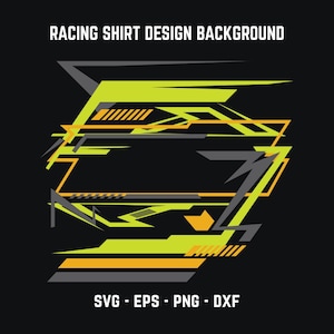 Op de afbeelding: Abstract geometrisch ontwerp met gele, groene en grijze vormen. Het ontwerp is op een zwarte achtergrond en bevat de tekst "RACING SHIRT DESIGN BACKGROUND" en "SVG - EPS - PNG - DXF".