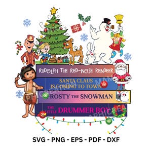 Puede incluir: Un gráfico navideño colorido con personajes queridos como Rodolfo, Papá Noel y Frosty el Muñeco de Nieve. El diseño incluye un árbol de Navidad, copos de nieve y los textos "Rudolph the Red-Nose Reindeer", "Santa Claus is Coming to Town", "Frosty the Snowman" y "The Little Drummer Boy".