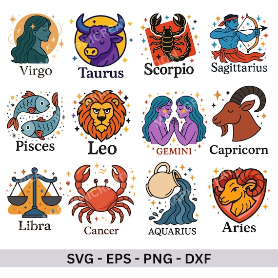 Cartoon Zodiac Sign SVG Bundle: Astrology Illustrations (digital