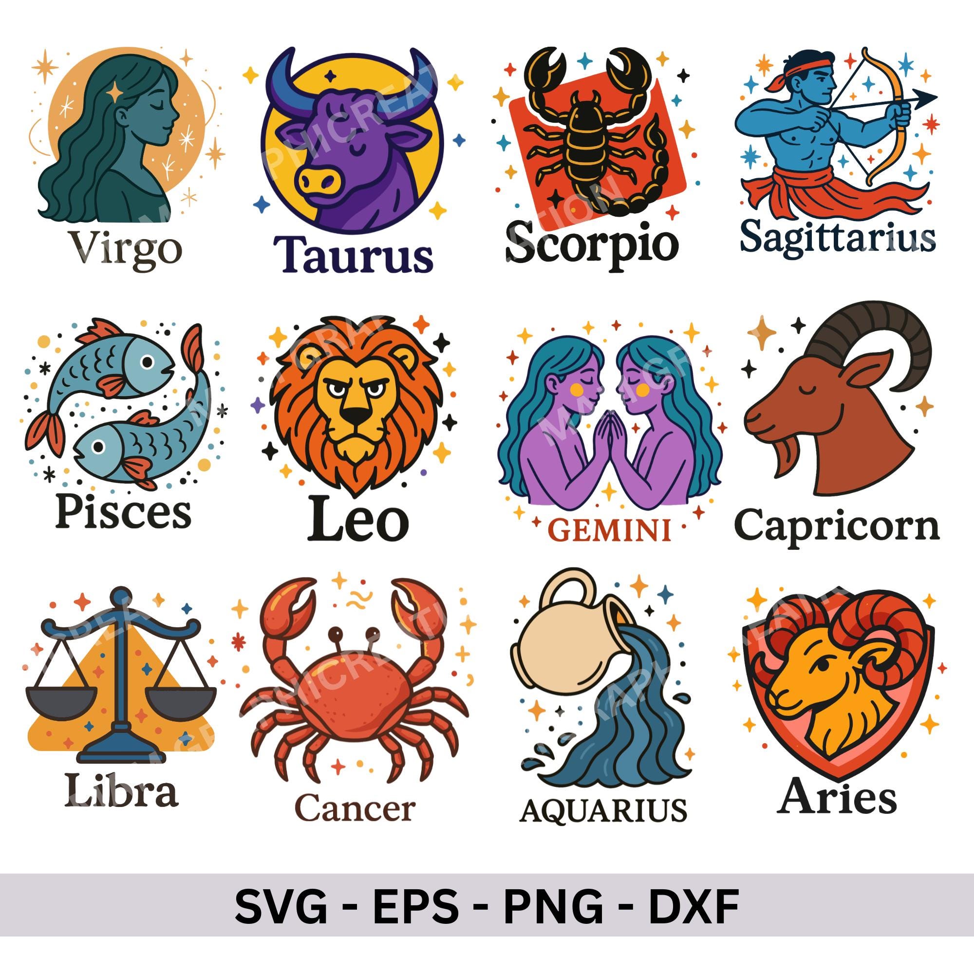 Cartoon Zodiac Sign SVG Bundle: Astrology Illustrations (digital