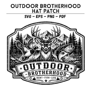 May include: A black and white graphic design featuring a deer head, a flying duck, and a jumping fish set against a mountain and forest backdrop. A banner at the bottom contains the text OUTDOOR BROTHERHOOD HUNT FISH LIVE. The design is framed.
