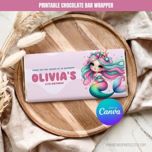 Meerjungfrau Schokolade Wrapper Vorlage, Meerjungfrau Geburtstagsparty, bearbeitbare Canva Vorlage, Sofort Download 029