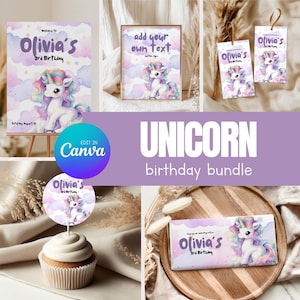 Unicorn Birthday Bundle Template, Unicorn Birthday Party Package, Editable Canva Template, Instant Download 026