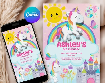 Può includere: Un modello di invito digitale per compleanno con un unicorno bianco dalla criniera arcobaleno, un sole giallo, un arcobaleno, un castello e farfalle su sfondo rosa. Il testo recita Ashley's 3rd Birthday, Sat, September 17th, 2 to 6 PM.