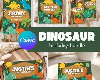 Może przedstawiać: Zestaw papeterii urodzinowej z motywem dinozaurów, zielonym tłem oraz ilustracjami żółtych, niebieskich, pomarańczowych i zielonych dinozaurów, słońc i palm. Tekst zawiera Justin's 3rd Birthday, Sat. September 17th oraz Add Your Own Text.