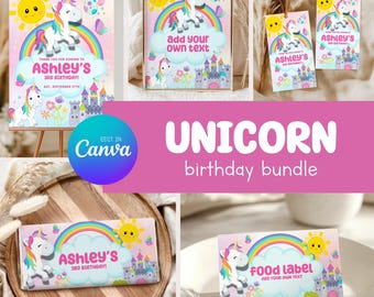 Unicorn Birthday Bundle, Editable Canva Templates, Instant Download 002