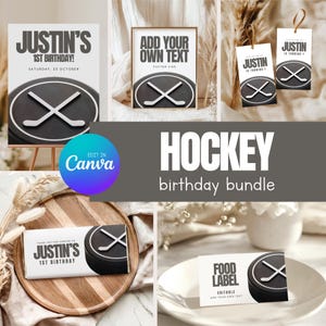 Modello di pacchetto per festa di compleanno a tema hockey, pacchetto moderno per festa di compleanno a tema hockey, modello Canva modificabile, download immediato 007