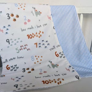 Pode incluir: Um cobertor de beb&ecirc; branco com n&uacute;meros coloridos, insetos e uma estampa de dinossauro, junto com o texto "how much I love you" e "you'll never know". O verso apresenta listras azuis e brancas.