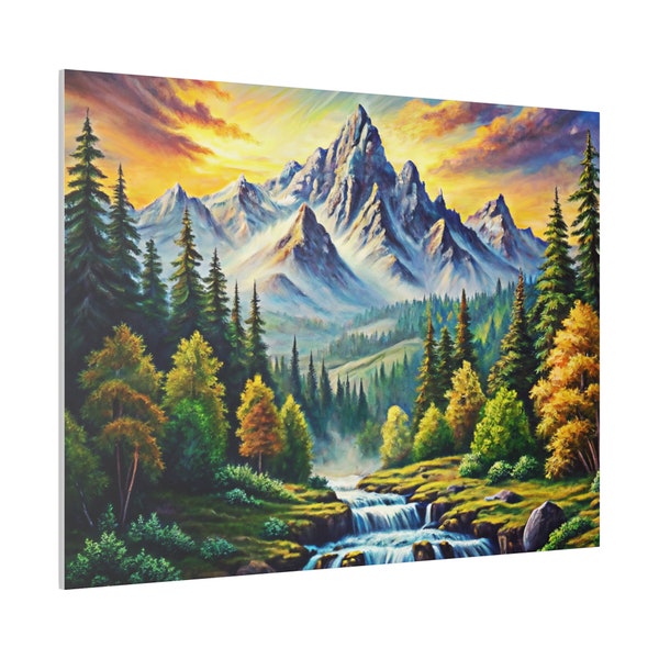 Atardecer en las montañas, Pintura en lienzo, arte, galería de arte, obra de arte, clásica, artística, paisaje, paisaje de montaña, corriente principal, estilo