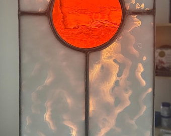 Orange Super Moon! Glorious Stained Glass Suncatcher Panel Sunset © pewtermoonsilver