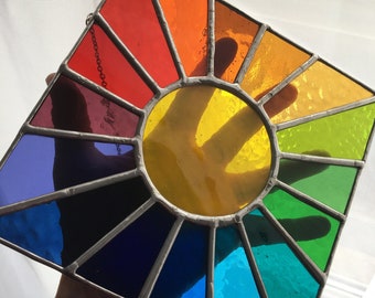 Rainbow Rays! Bright Sunburst Healing Colour Stained Glass Suncatcher Panel © pewtermoonsilver
