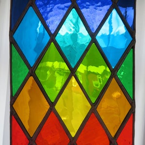 Rainbow Harlequin! Lattice Diamond Pattern Real Stained Glass Suncatcher Panel - pewtermoonsilver