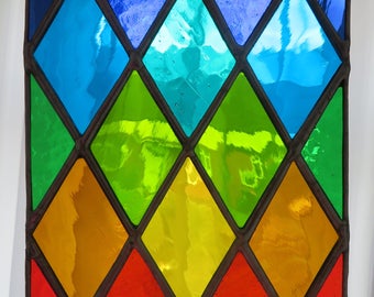 Rainbow Harlequin! Lattice Diamond Pattern Real Stained Glass Suncatcher Panel - pewtermoonsilver