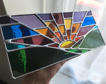 Sunrise, Sunset! Colourful Landscape Sky Stained Glass Suncatcher Panel © pewtermoonsilver