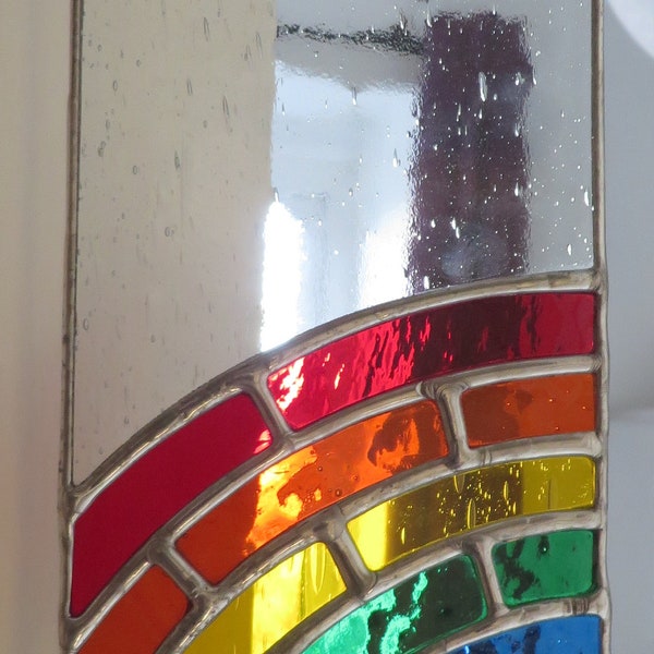 Rainbow Through Rain! Bright & Beautiful Stained Glass Suncatcher - pewtermoonsilver