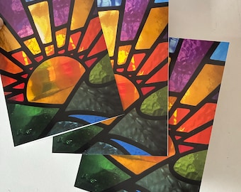 Sunrise, Sunset Greetings Cards! Three Pack Optimistic Stained Glass Rainbow © pewtermoonsilver