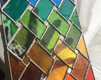 Woven With Light! Handcrafted Rainbow Stained Glass Suncatcher Panel © pewtermoonsilver